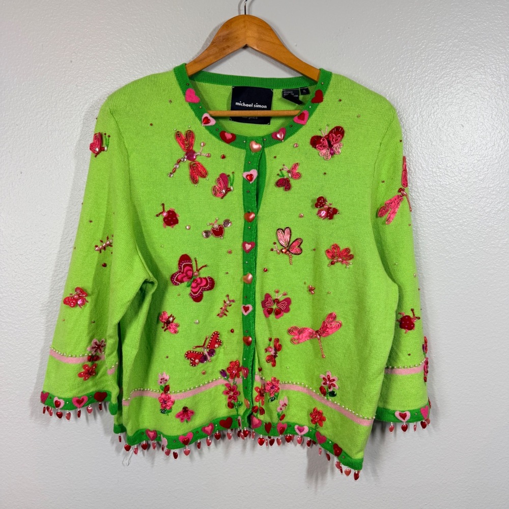 Michael Simon Cardigan Women XL Green Butterfly Heart Beaded Embroidered Sweater